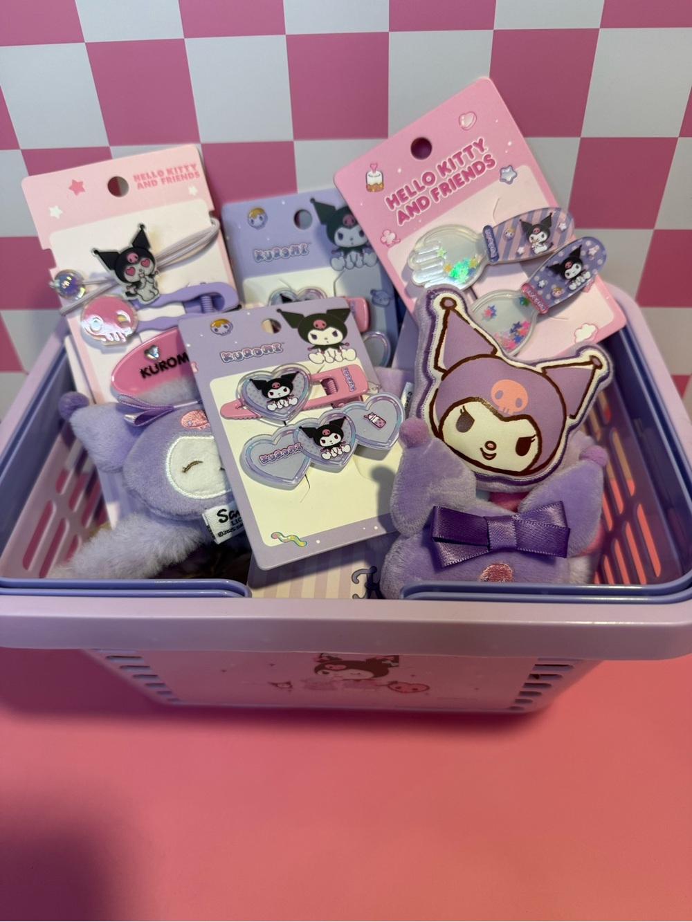 Miniso Sanrio Kuromi Basket - Basket filled with cute Kuromi hair accessories!